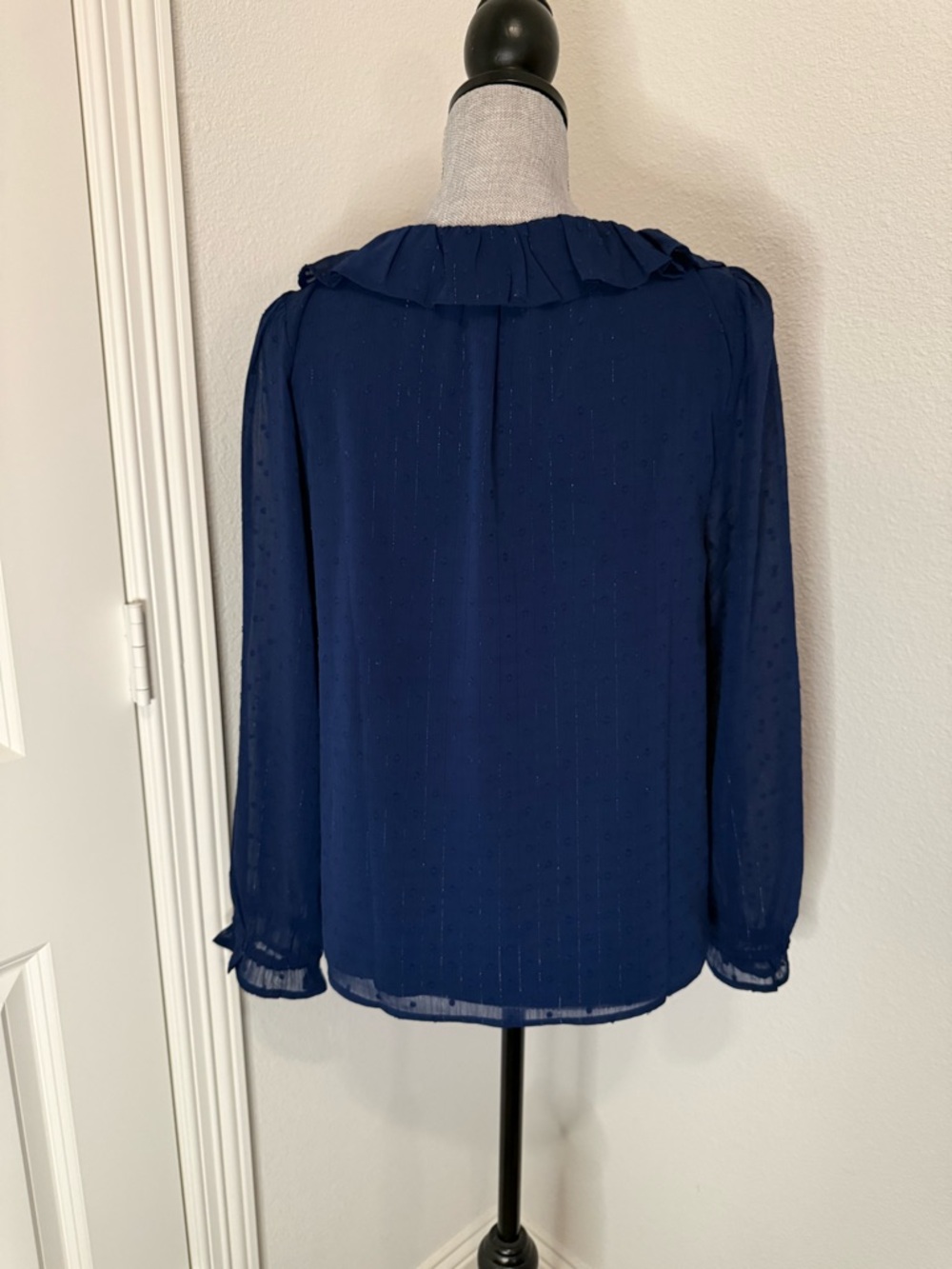 J. Crew Navy Ruffle V-Neck Long Sleeve Blouse - Picture 4 of 13